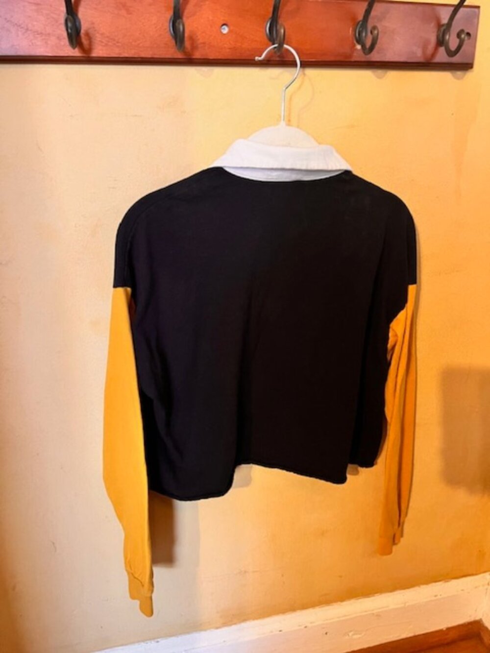 Tricolor Long Sleeved Shirt Black, Mustard, White Silver Neckline Round Zipper - Picture 7 of 7